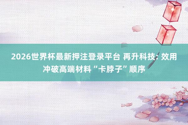 2026世界杯最新押注登录平台 再升科技: 效用冲破高端材料“卡脖子”顺序